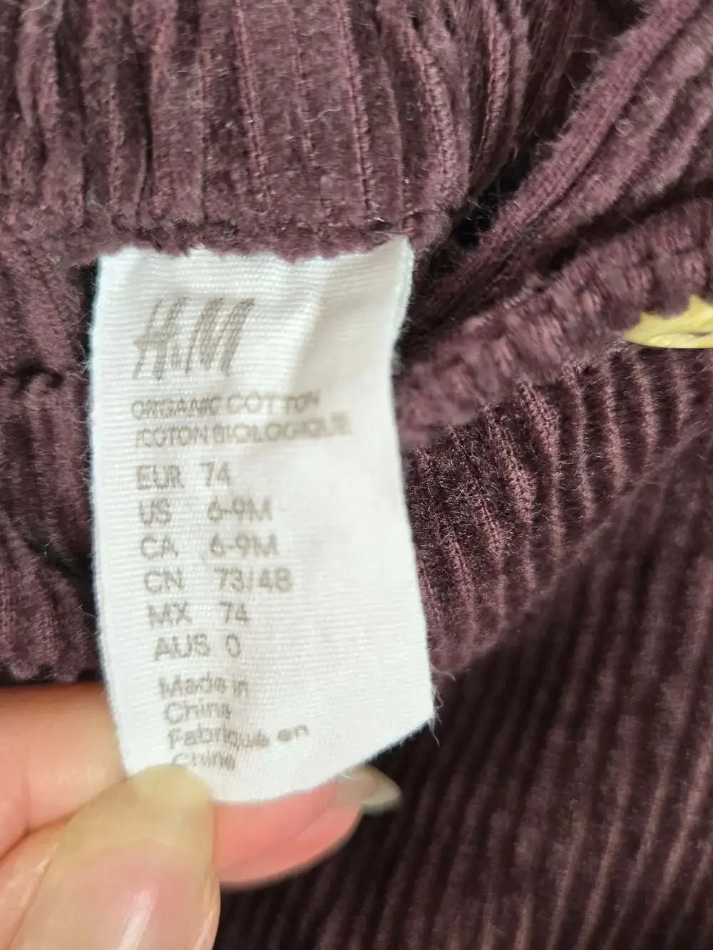 H&M Baby Corduroy Overalls 6-9M Brown Plum Organic Cotton Dungarees